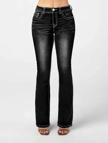 Women's Large-Size High-Waisted Stretch Denim Jeans With Faded Water-Washed Blue Feathers And Embroidered Netting On The Back Pocket, Featuring A Retro Bell-Shaped Design. Comfortable And Elegant, Suitable For All Occasions. Large-Size Women's Denim Pants. - 黑色 - 查看 3