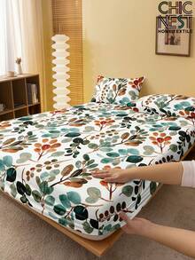 Lençol de baixo com estampa floral de galhos e folhas (1 peça), macio e respirável, para colchões de solteiro, casal, queen e king size com bolsos de até 30 cm de profundidade, resistente a rugas, melhora a qualidade do sono, lavável à máquina. - Multicolorido - Ver 1