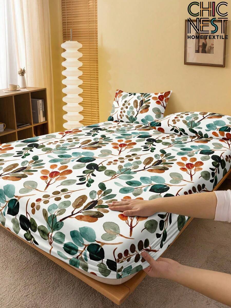 Lençol de baixo com estampa floral de galhos e folhas (1 peça), macio e respirável, para colchões de solteiro, casal, queen e king size com bolsos de até 30 cm de profundidade, resistente a rugas, melhora a qualidade do sono, lavável à máquina. - Multicolorido - Ver 1