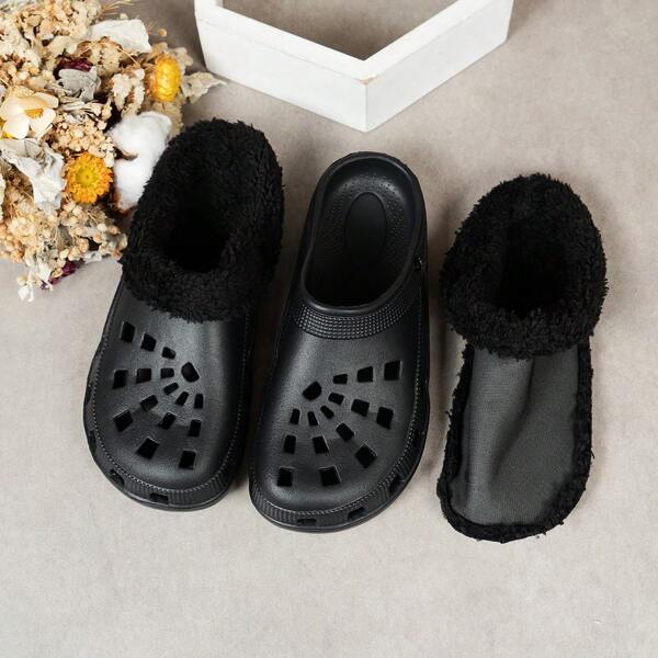 Tamancos unissex de lã preta Dawgs, sapatos de jardim em formato de leque com capas quentes, moda simples, casual, verão, destacável e lavável no inverno, chinelos de pelúcia têxtil, sapatos de EVA para mulheres e homens, para ambientes internos e externos