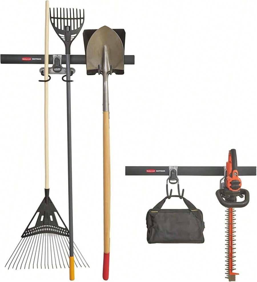 Soporte del Sistema de Almacenamiento de Garaje Rubbermaid FastTrack, Soporte de Estante de 16", Estante de Organización de Garaje para Almacenamiento o Espacio de Trabajo - Kit de riel y gancho de 5 piezas (para sistema de garaje FastTrack) - Ver 1