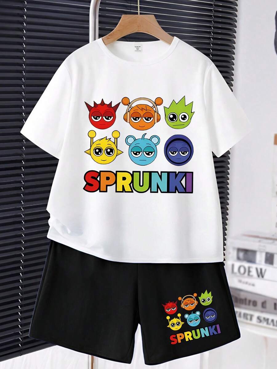 SPRUNKI Printed Men's Pure Cotton Set, 180g T-Shirt, 260g Shorts Set, Pure Cotton Fabric, Breathable And Sweat-Absorbent, Soft And Skin-Friendly, Protecting The Baby's Summer - 白色 - 查看 1
