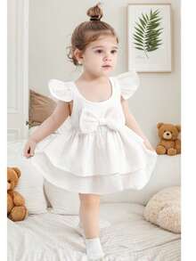 2pcs Set Elegant & Cute Baby Girls' Dress Romper, Soft, Breathable, Comfortable, Bow Decor Solid Color Ruffle Layered Dress Romper & Sun Hat, Suitable For Casual, Daily, Vacation - White - View 4