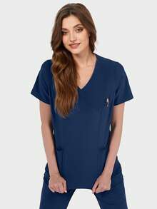 cimmuovere Conjunto de uniforme de mujer con parte superior de manga corta con cuello en V, múltiples bolsillos y bajo con abertura, talla grande pantalón de uniforme liso para enfermeras, dentistas, personal de salud, veterinaria y laboratorio
