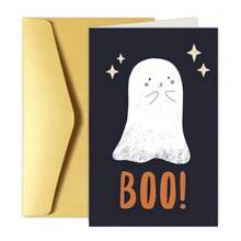 1 张万圣节贺卡，带信封，有趣的鬼魂“嘘！”设计，纸质材料，适合任何人，复古主题十月讨糖卡