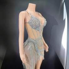 Glamorous Sparkling Diamond Birthday Party Dress Stage Performance Costume Elegant Plus Size Slim Fit Sexy Club Evening Outfit - 杏色網狀銀色 - 查看 3