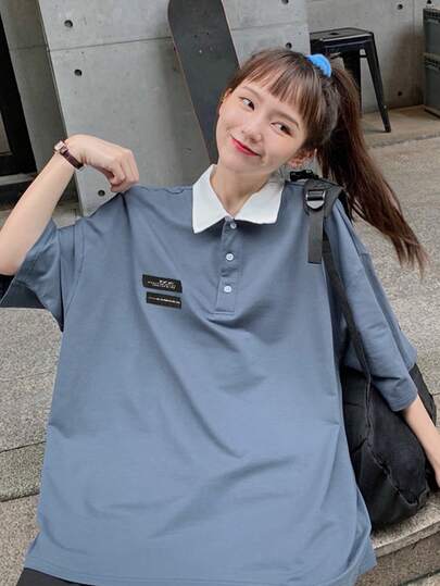 宽松休闲百搭韩版女装夏季撞色Polo领T恤短袖