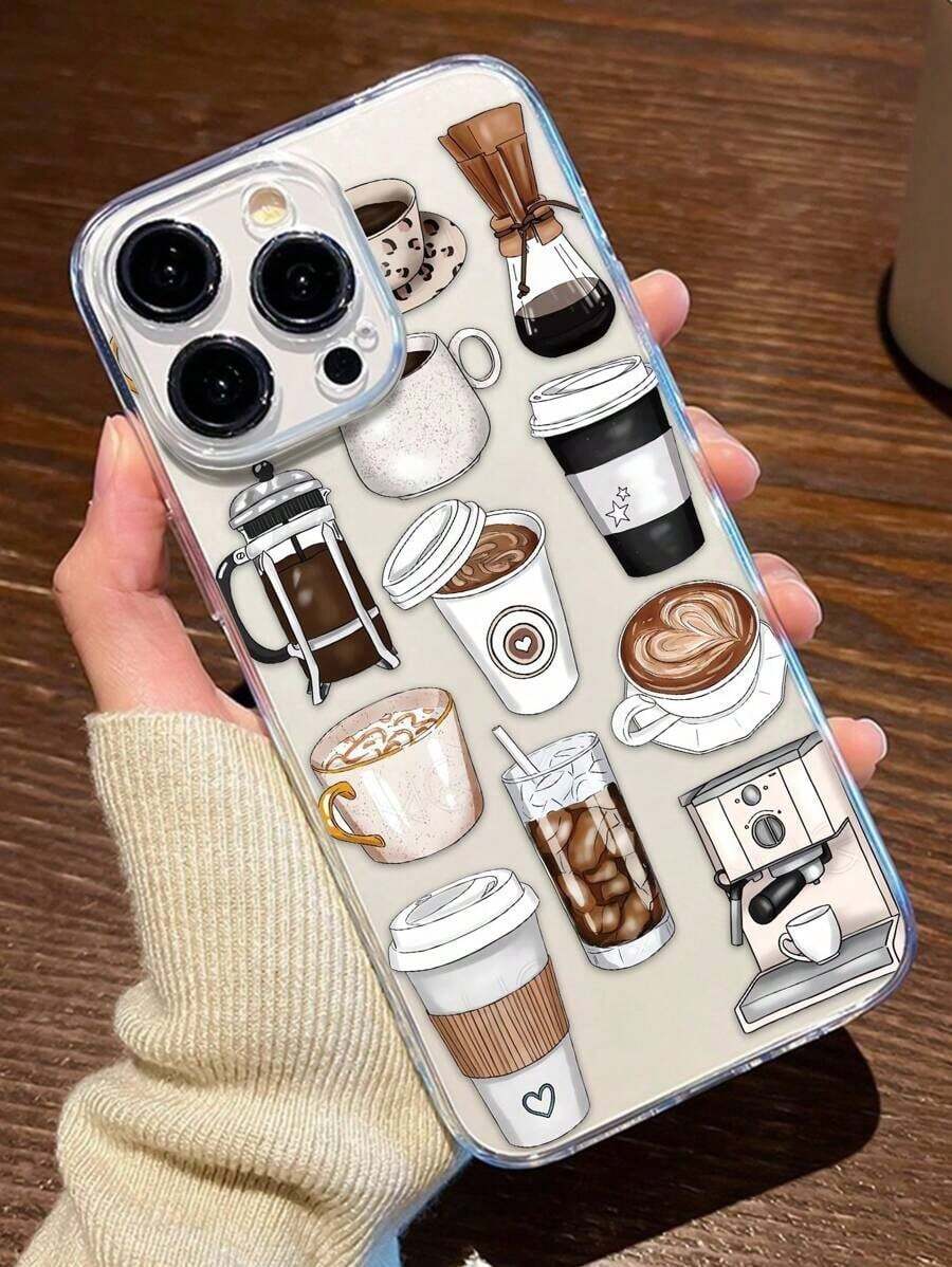 Valentine'S Day Gifts Apple 1Pc Coffee Pattern Transparent TPU Shockproof Anti-Fingerprint Full Cover Phone Case Compatible With IPhone Waterproof Anti-Fall Scratch Resistant,Summer Flower-For-Your-New- - 1PC - 查看 1