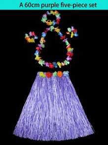 Conjunto de 5 piezas de disfraz de falda de hierba con corona de flores hawaianas, traje para celebración de festival, actuación en el escenario, evento escolar, ensayo de baile en grupo grande (cintura ajustable) Halloween