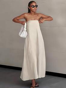 Womens Linen Wrap Dress Backless Maxi Sleeveless Two Colors Ivory And Linen Beige Beach Wedding Guest Dress High Waist Vacation Long Dress - 米色 - 查看 2