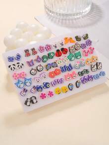 36pcs/Set Girls Cartoon Soft Clay Fruit Mixed Color Plastic Cute Fashion Earrings Set, Random Color & Style, No Box, Versatile For Daily Wear - Multicolor - View 8