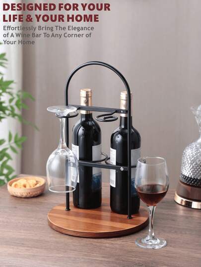 Wine Bottle And Glass Holder For Countertop | Small Wine Rack For 2 Bottles & 2 Glasses | Modern Tabletop Wine Storage With Round Wood Base | Freestanding Wine Stand & Caddy For Home Bar (Black)