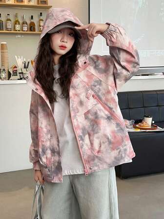 女童连帽风衣外套、扎染迷彩户外服、儿童春秋上衣、青少年女童休闲服