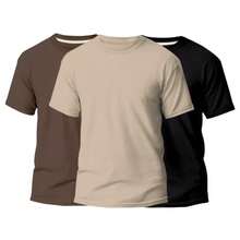 Kit 3 T-Shirts Basic Slim Men's T-Shirt Streetwear Casual Plain Unisex Promotion - 米色+咖啡色+黑色 - 查看 5