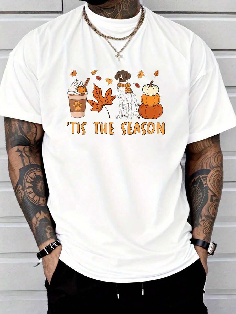100% Cotton Tis The Season German Shorthaired Pointer Dog Fall Pumpkin T-Shirt Summer Men's Short-Sleeved Shirt