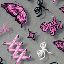 1pc Bad Gothic Nail Stickers - Edgy Pink & Black Matte Finish Self-Adhesive Decals With Butterfly, Heart, Cross & Star Designs For DIY Nail Art - Anime-Inspired PVC Stickers For Hands & Feet, Nail Design Stickers, Nail Decor, Edgy Beauty Accessories, Intricate Detailing, Hand And Feet Decor, Anime Fans - 彩色 - 查看 4