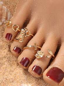 1PC/4PCS Gold Adjustable Toe Ring Set – Heart Cross Rose Paw Design Foot Jewelry For Women Summer Beach Style