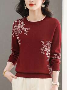 Elegant Lace Round Neck Jacquard Sweater Autumn And Winter Fashion Warm Long Sleeve Contrast Color Casual Comfortable Versatile Pullover Sweater - Màu Đỏ Sâu - Xem 1