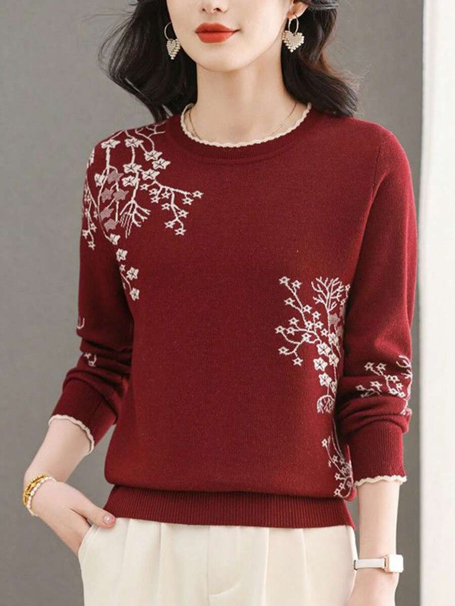 Elegant Lace Round Neck Jacquard Sweater Autumn And Winter Fashion Warm Long Sleeve Contrast Color Casual Comfortable Versatile Pullover Sweater - Màu Đỏ Sâu - Xem 1