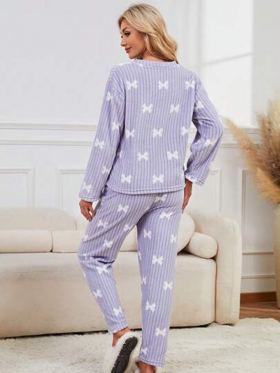 Thickened Fluffy Pajama Set, Minimalist Bow Homewear, Long Sleeve Top Pants, Indoor Outdoor Wear, Fall Clothes, Cozy view 6