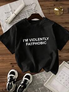 Women's-Shirt Casual Crew Neck Black White Options Violently Fatphobic Print Graphic Tee Summer Tops Ladies Shirts Summer Tops Graphic Tees Summer Outfits Women Graphic Tees Women Crop Tops Tops Women Vintage Cotton Cute Clothes Women - 黑色 - 查看 2