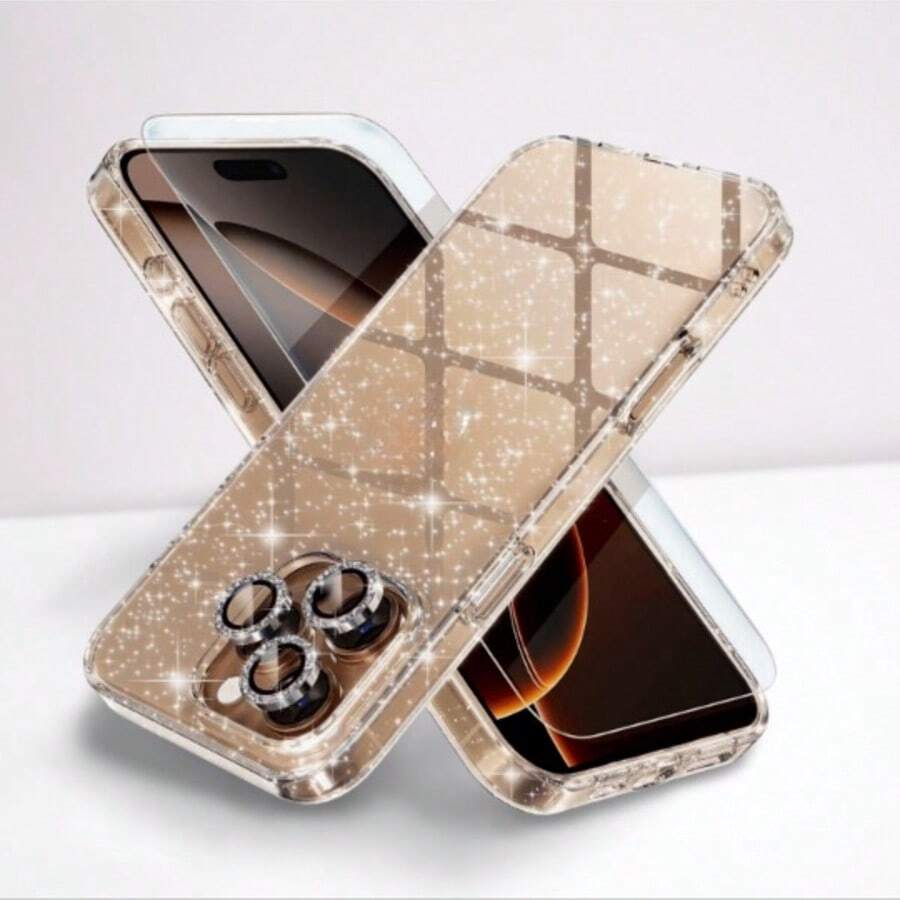 I Phone 16 Pro Max Case - Women's Cute Clear Glitter Bling Sparkly Design, 3 Diamond Camera Lens Protectors, 2 Tempered Glass Screen Protectors, 6.9-Inch (Glitter Clear) - Trending, Best Seller, New Arrival, Gift Idea, Protective, Slim Fit, Shockproof, Accessories - Clear - View 1