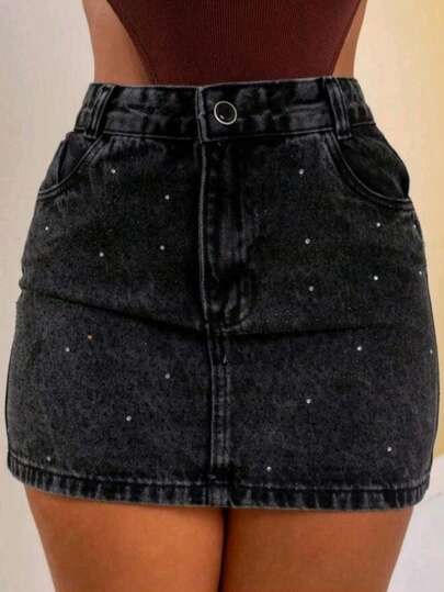 Feminina Cintura Alta Estonada Com Cristais De Strass e Brilho Preto I 100% algodão