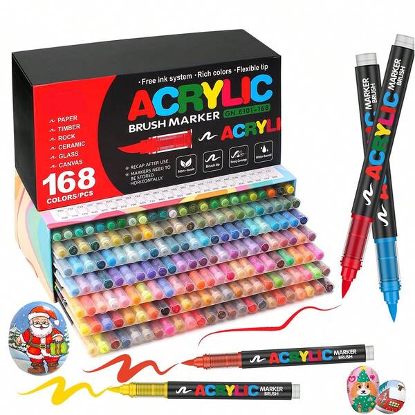 168 Colors Acrylic Marker Pens,Waterproof, Soft Brush Nib Student Art, For Christmas, Halloween, Easter Glass Stone Metal Glass Wood Plasctic Ceramic Canvas Paper DIY Card Making Art Supplies