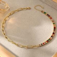 1pc 18K Gold Plated Stainless Steel Women's Necklace With Rhinestones, Fashionable High-End, Suitable For Parties And Dates, Bohemian Style Accessory - Yellow Gold - View 4