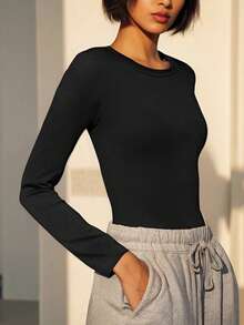Lightweight Pullover Top, Crew Neck Solid Color Slim Fit Long Sleeve Top, Versatile Casual Top For Spring/Summer - Black - View 5