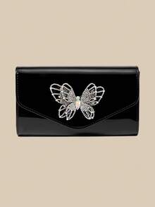 1 件黑色镜面 PU 女士晚装包，光滑包身搭配水钻蝴蝶装饰 - 优雅时尚，适合婚礼、派对、联欢晚会和其他正式活动（手提包/托特包/单肩包/斜挎包） - 黑色 - 查看 3