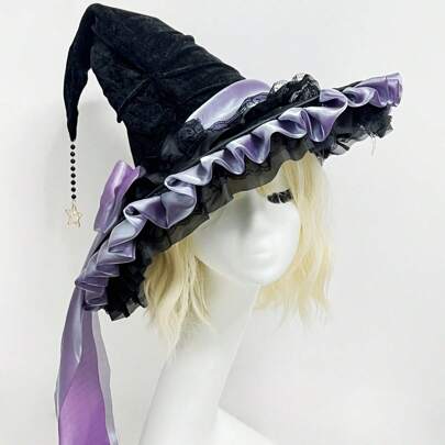 Handmade Large Brim Witch Hat, Gothic Dark Style Black & Purple Bow Lolita Witch Hat, Halloween Headpiece Autumn Accessories