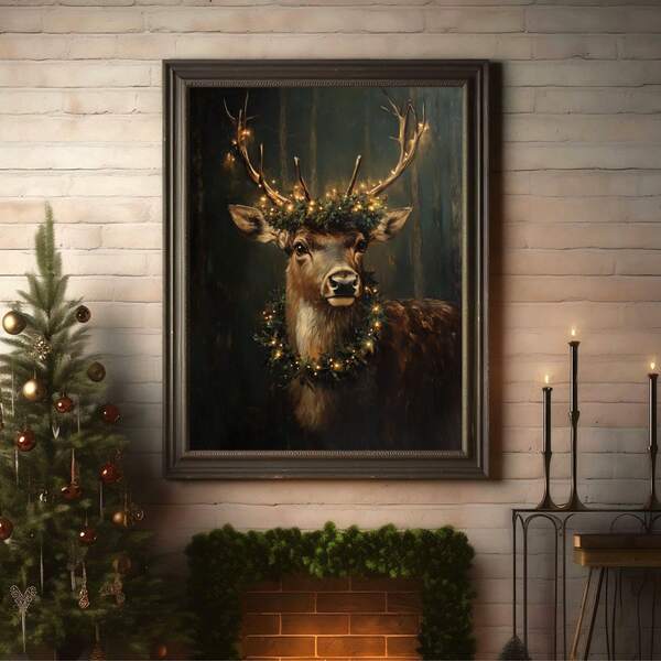 1pc, Canvas Wall Art, Framed Christmas Wall Decor, Vintage Reindeer Christmas Theme, Melancholic Christmas Wall Accent, Retro Rustic Print, Dark Academic Holiday Artwork, Winter-Themed Prints, Festive Decor, Minimalist Wall Decor, Modern Art