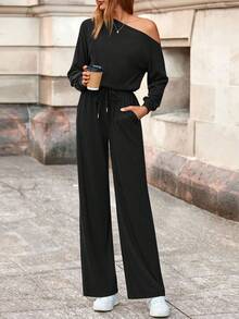 Long Sleeve Jumpsuit For Women Dressy Off Shoulder One Piece Loose Wide Leg Jumpsuits Casual Flowy Romper - 黑色 - 查看 2