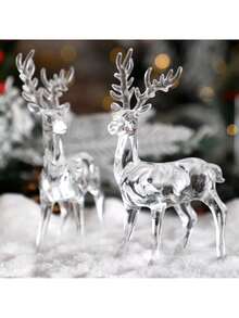 2 件透明水晶驯鹿雕像，亚克力鹿雪景装饰，圣诞节餐桌装饰，家居装饰，派对礼物 - 彩色 - 查看 1