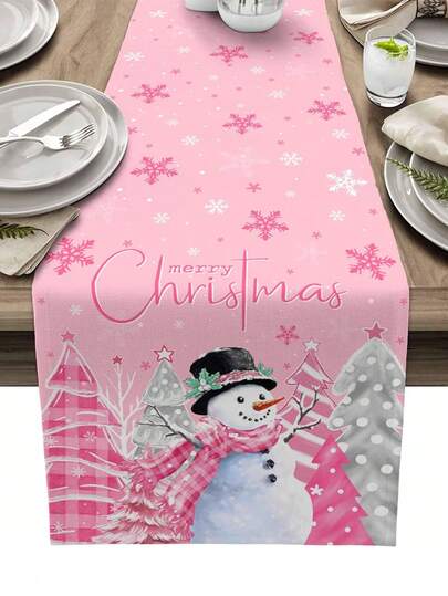 圣诞雪人圣诞树粉色桌旗节日派对装饰冬季雪花厨房餐桌旗圣诞装饰品