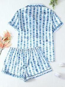 2 件套缎面睡衣套装，蓝白条纹海星和贝壳印花短袖翻领上衣和蝴蝶结短裤，女士睡衣家居服 - 藍白色 - 查看 2