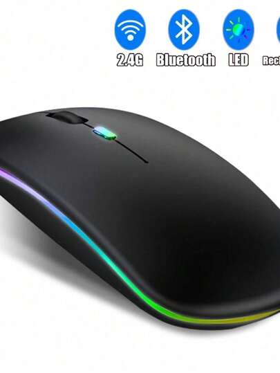 Ratón inalámbrico con retroiluminación LED RGB, recargable por USB, silencioso y compatible con Bluetooth para gaming o PC