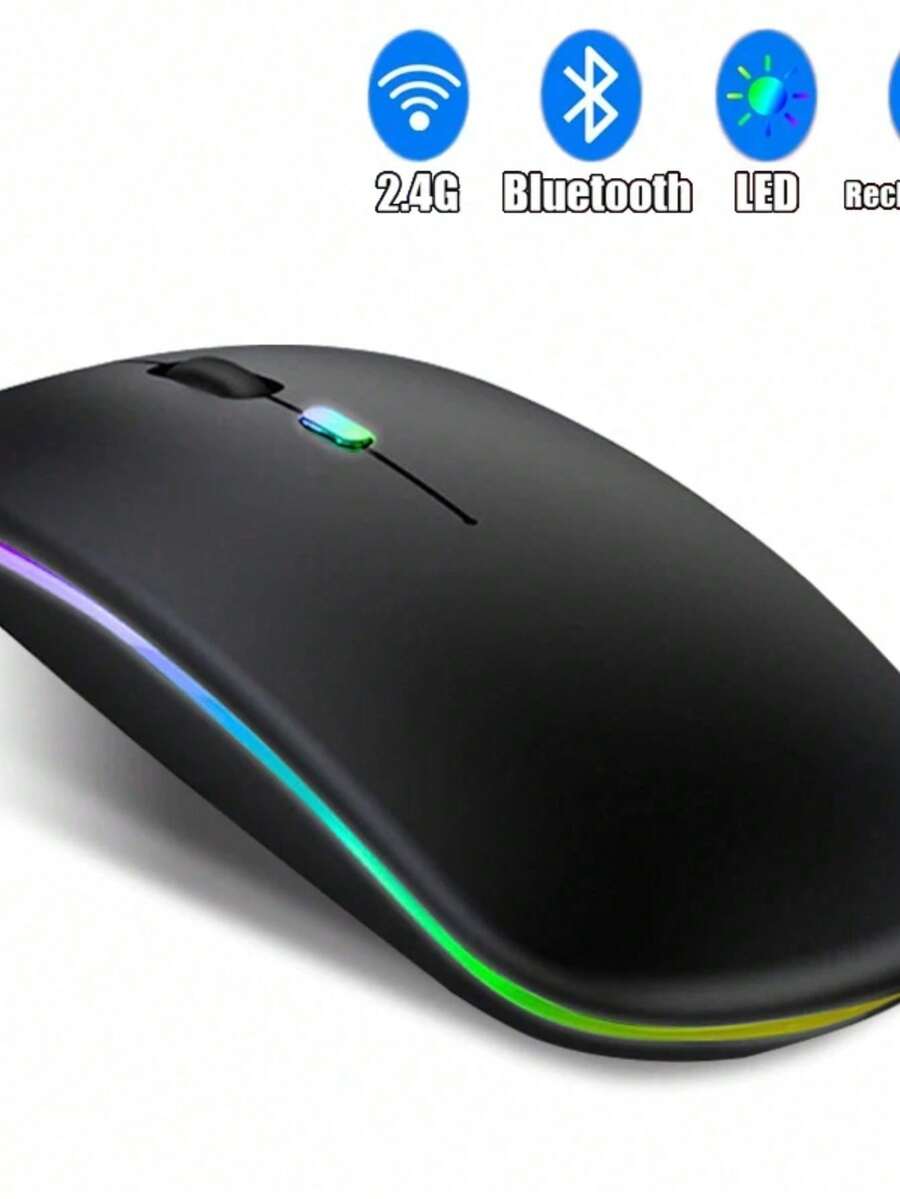 Ratón inalámbrico con retroiluminación LED RGB, recargable por USB, silencioso y compatible con Bluetooth para gaming o PC - Negro - Ver 1