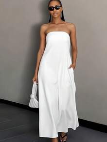 Womens Linen Wrap Dress Backless Maxi Sleeveless Two Colors Ivory And Linen Beige Beach Wedding Guest Dress High Waist Vacation Long Dress - trắng - Xem 3