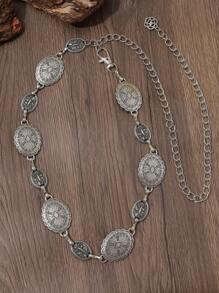 1pc Women's Bohemian Western Style Carved Geometric Pattern Vintage Waist Chain, Casual Fashion Accessory