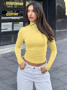 Camiseta de manga larga con cuello alto de unicolor casual Y2K para mujer, otoño