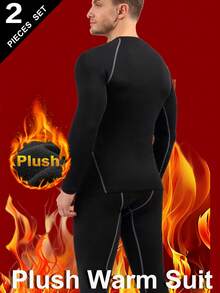 Conjunto de ropa interior térmica para hombres, camiseta de cuello redondo de manga larga y pantalones, capa base cálida, unicolor, gruesa, ajuste ceñido, ropa deportiva, adecuada para clima frío, actividades al aire libre, esquí, invierno - Negro - Ver 4