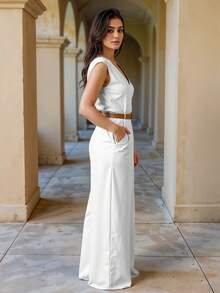 Palazzo Elegante Con Escote Cruzado Cintura Ajustada Con Cinturón Pantalón Recto Amplio Para Eventos Casuales o Formales Prenda Femenina Moda - Blanco - Ver 2
