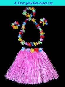 Conjunto de 5 piezas de disfraz de falda de hierba con corona de flores hawaianas, traje para celebración de festival, actuación en el escenario, evento escolar, ensayo de baile en grupo grande (cintura ajustable) Halloween