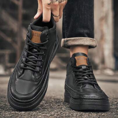 Men's Mid-Top Boots, Versatile Thick Sole Casual Sneakers, Outdoor Sports Shoes, Lace-Up, Black