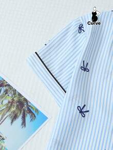 2pcs Plus Size Women Cute Striped Bow Print Pajama Set, Lapel Button Short Sleeve Top And Bow Shorts, Summer Sleepwear & Loungewear, Cool Light Blue - Màu xanh lam - Xem 6