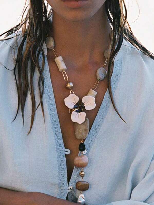 ZAA Alloy Oil Drop Flower Resin Bead Y-Shaped Necklace, Elegant And Luxurious High-End Minimalist Necklace, Flower Resin Bead Necklace, Women's Style