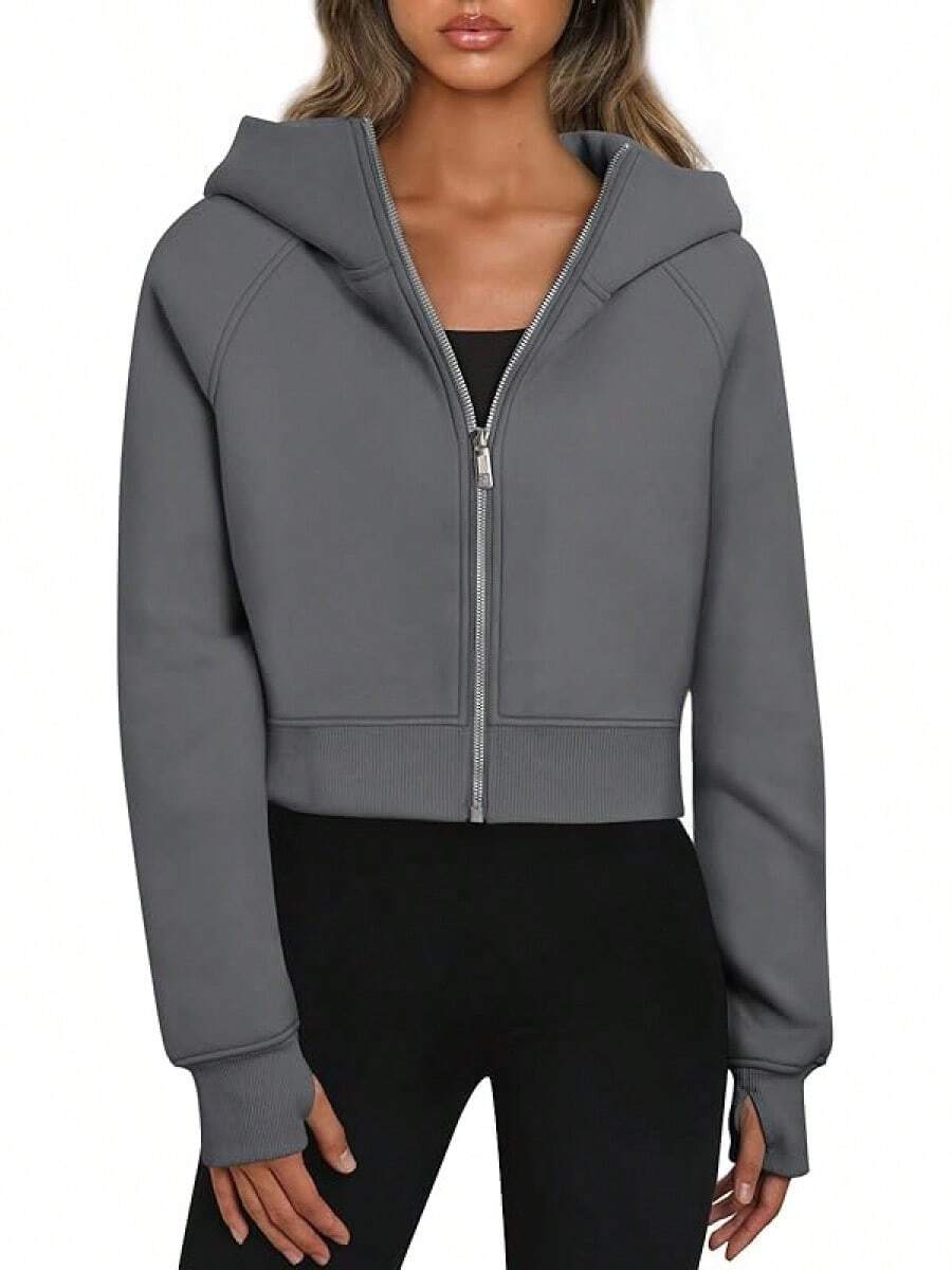 Zip Up Hoodies Cropped Sweatshirts Fleece Fall & Winter Casual Comfy Y2k Tops Women - 深灰色 - 查看 1