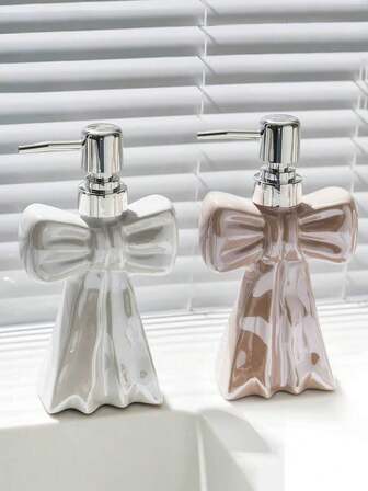 1pc INS Style High-Quality Ceramic Bow Decor Dispenser Bottle, Cute Ceramic Toothbrush Holder, Lotion Bottle, Liquid Soap/Shampoo Dispenser, Bathroom Toothbrush Organizer, Desktop Decor, Holiday Gift, Gift For Girlfriend